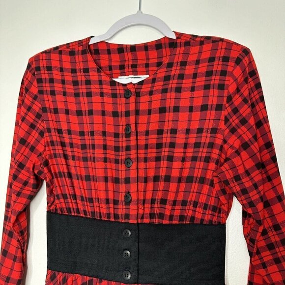 Vintage Clues Collection Shirtdress Plaid Long Sleeve Red Black Pockets - Picture 9 of 16